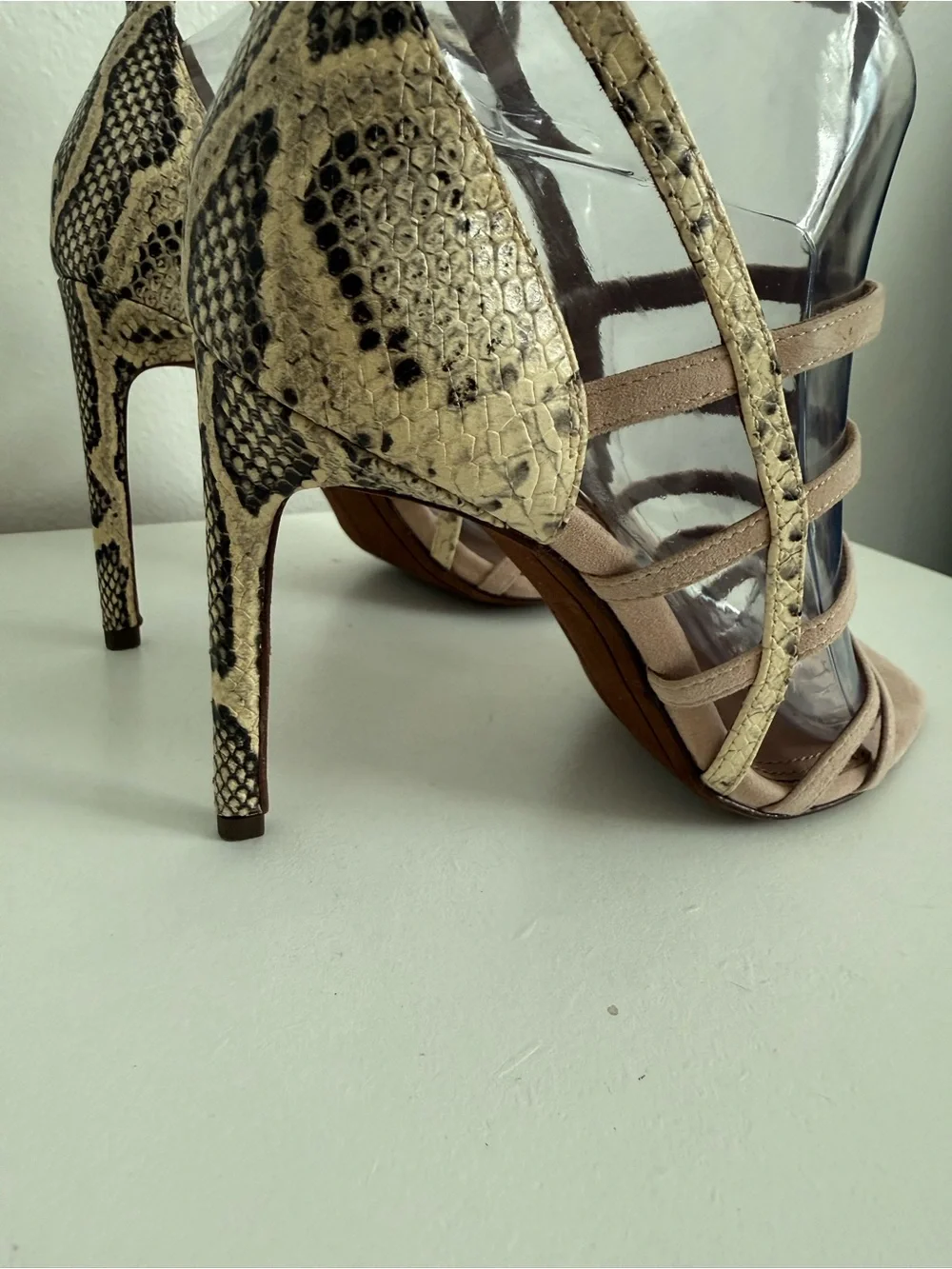 BCBGMaxAzria Nude Taupe Strappy High Heel Sandals with Snake-Print Trim
